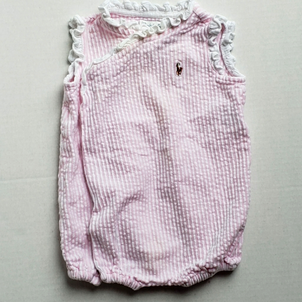 Ralph Lauren 3 Months Baby Girl Pink and White Seersucker Onesie.